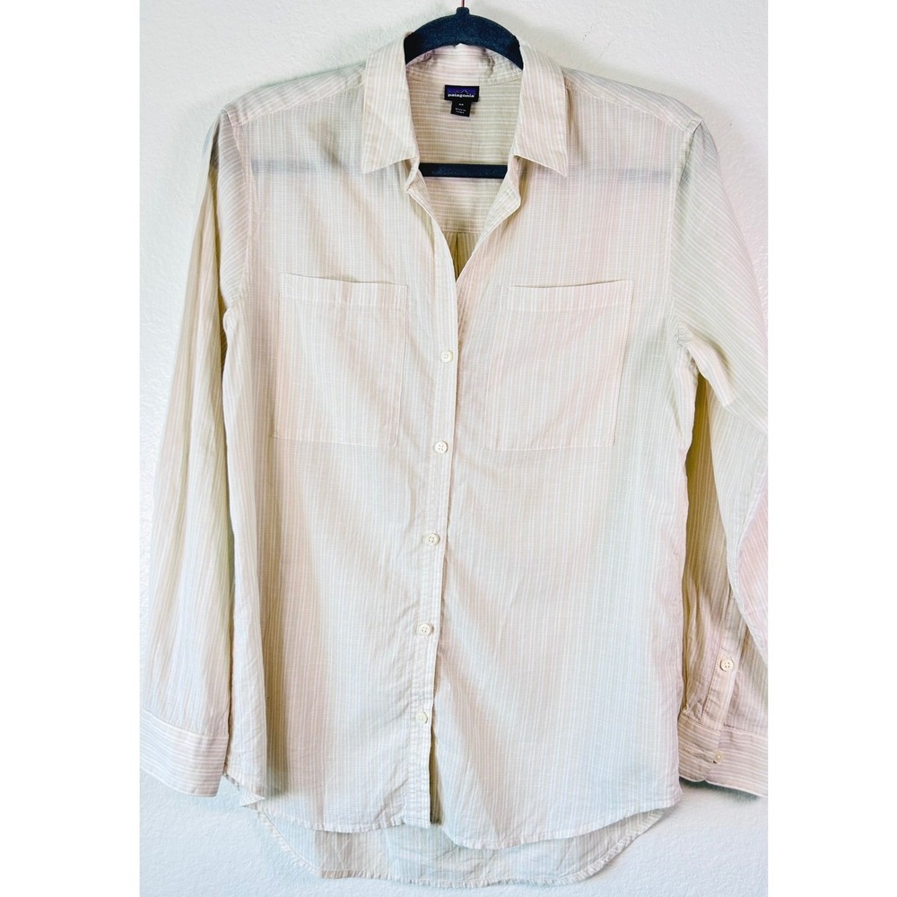 Patagonia Gorpcore Organic Cotton Hemp Striped Granola Girl Shirt Tan Cream XS